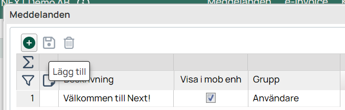 Meddelanden-lista med tooltip för Lägg till-knapp