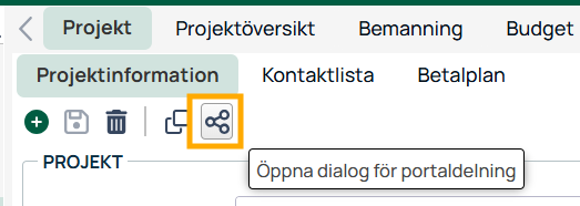 Projektinformation — knapp för att öppna portaldelningsdialog