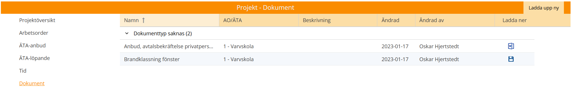 Projekt - Dokument sida med uppladdade projektdokument