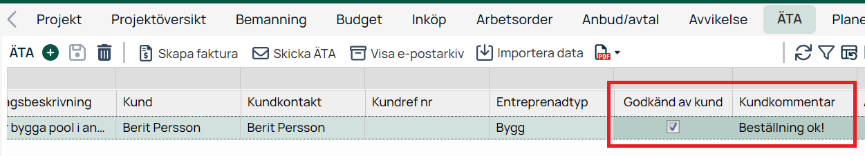 ÄTA-fliken i projektmodul med kundgodkännande markerat