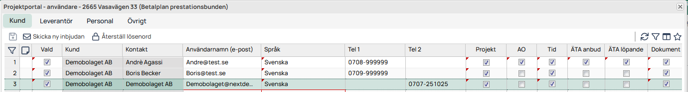 Projektportal användare — kundlista med behörigheter