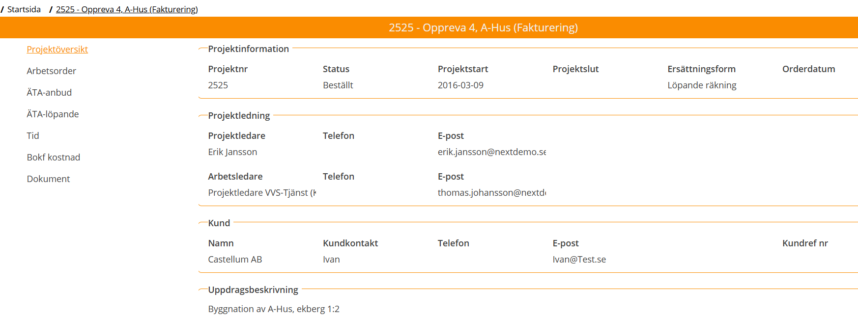 Projektöversikt — faktureringsmodul med projektinformation och kunduppgifter