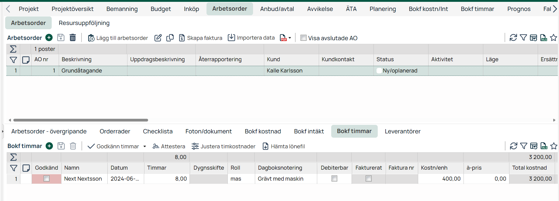 Arbetsorder med fliken Bokf timmar öppen