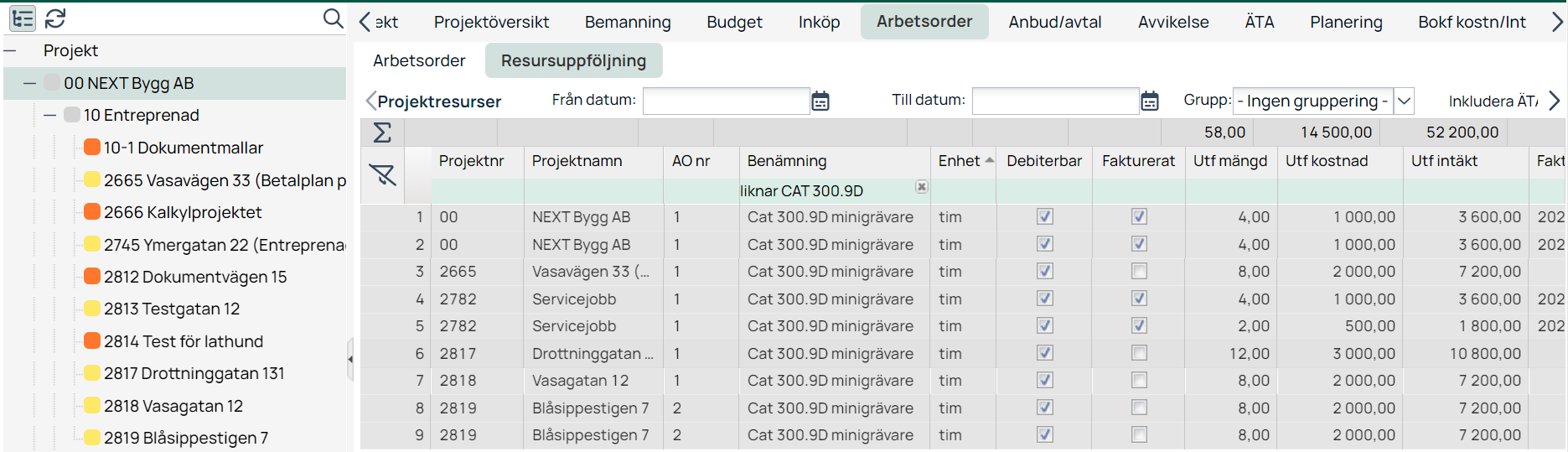 Arbetsorder — Resursuppföljning med projektresurser listade
