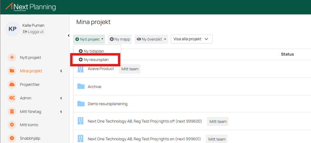 Mina projekt — dropdown-meny med Ny resursplan markerad