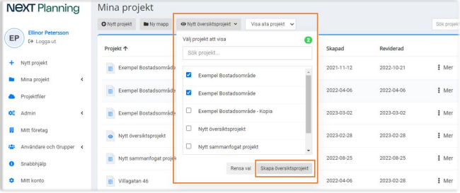 Mina projekt — Skapa nytt översiktsprojekt dialog öppen