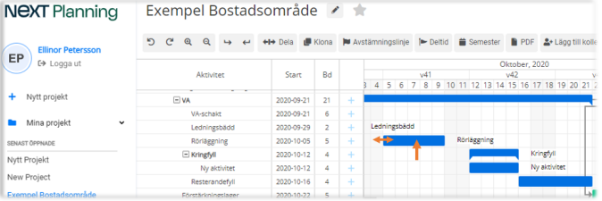 NEXT Planning — Gantt-schema för bostadsområdesprojekt