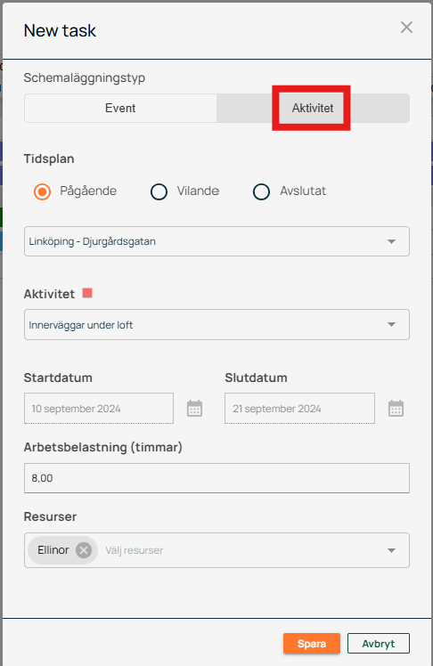 Ny uppgift — skapa aktivitet med datum och resurser