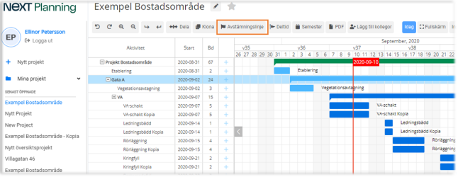 Projektplanering med Gantt-schema och avstämningslinje