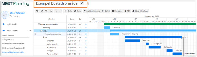 Projektplanering med Gantt-schema i NEXT Planning