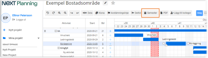 Projektplanering — Gantt-schema med semestervy vald