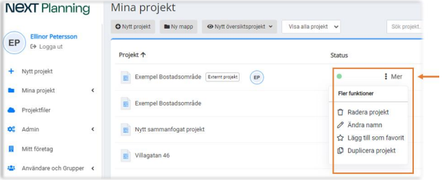Mina projekt — kontextmeny med fler funktioner öppen