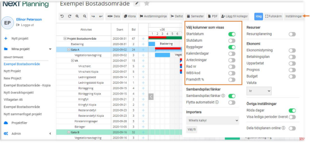 NEXT Planning — Inställningar för kolumnvisning i Gantt-schema