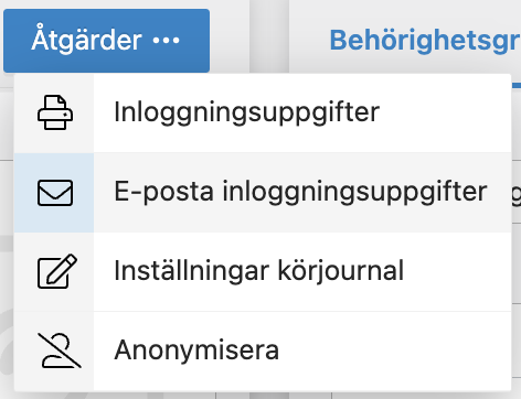 Åtgärder-meny med alternativ för användarhantering