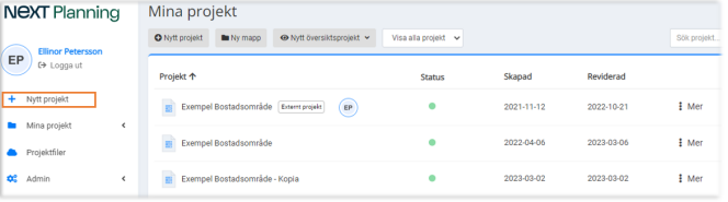 NEXT Planning — Mina projekt översikt med projektlista