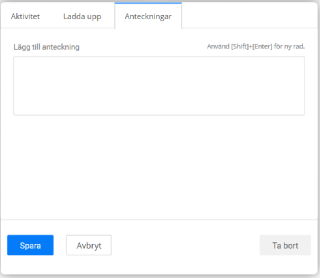 Anteckningar-flik med textfält och spara-knapp