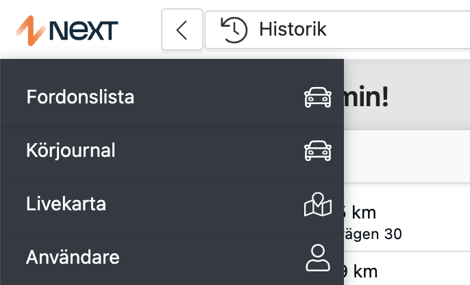 NEXT-systemets navigationsmeny med fordon och historik