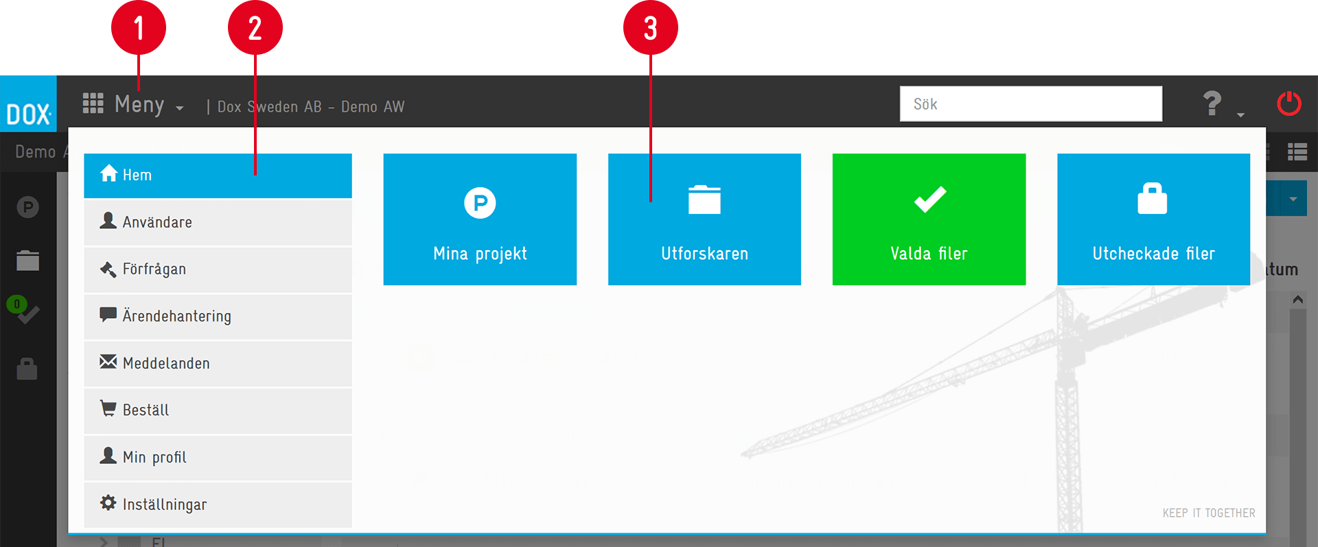 Aceve startsida med meny och snabbval för projekt och filer