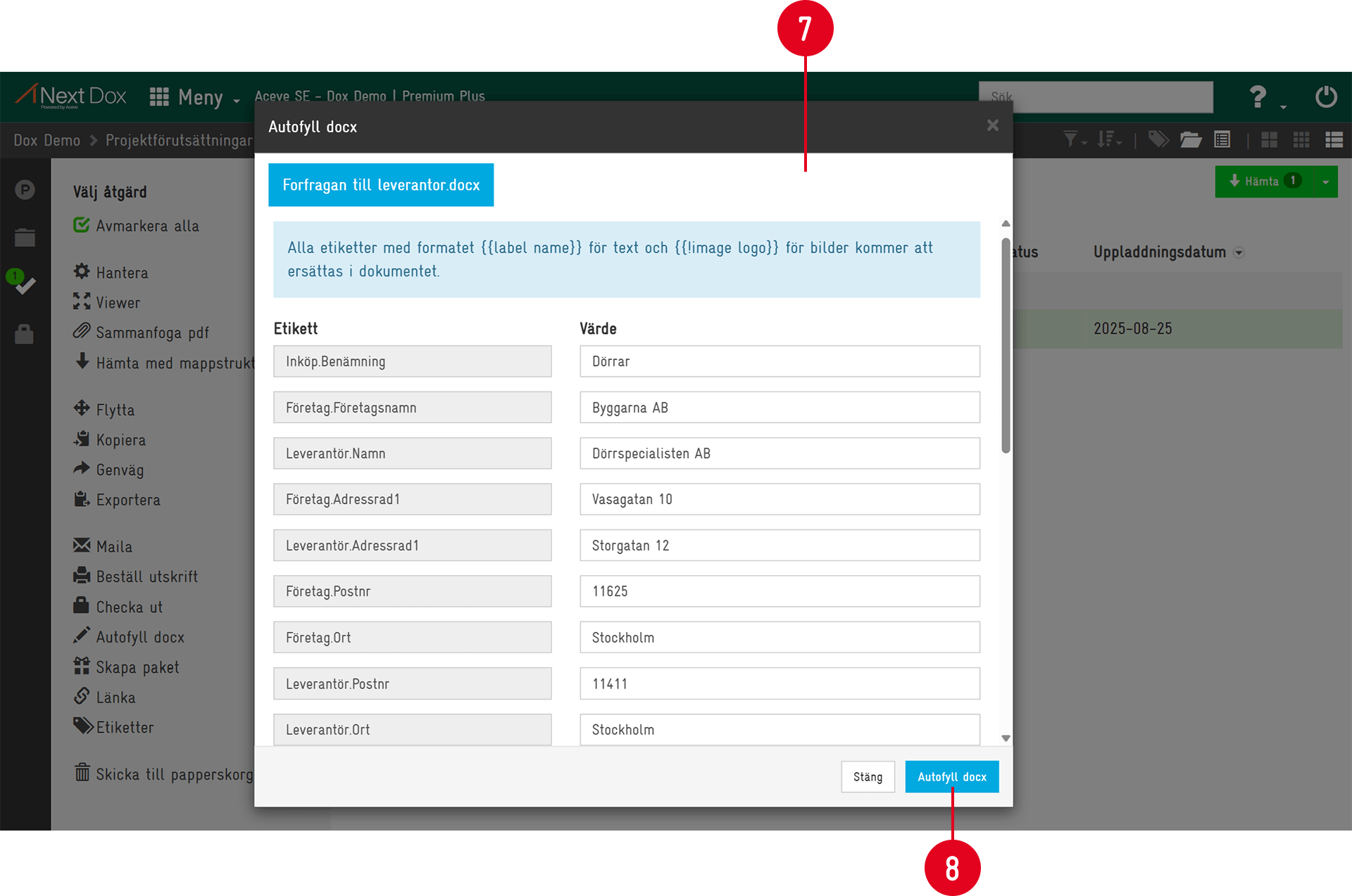 Aceve — Autofyll docx dialog with label-value fields