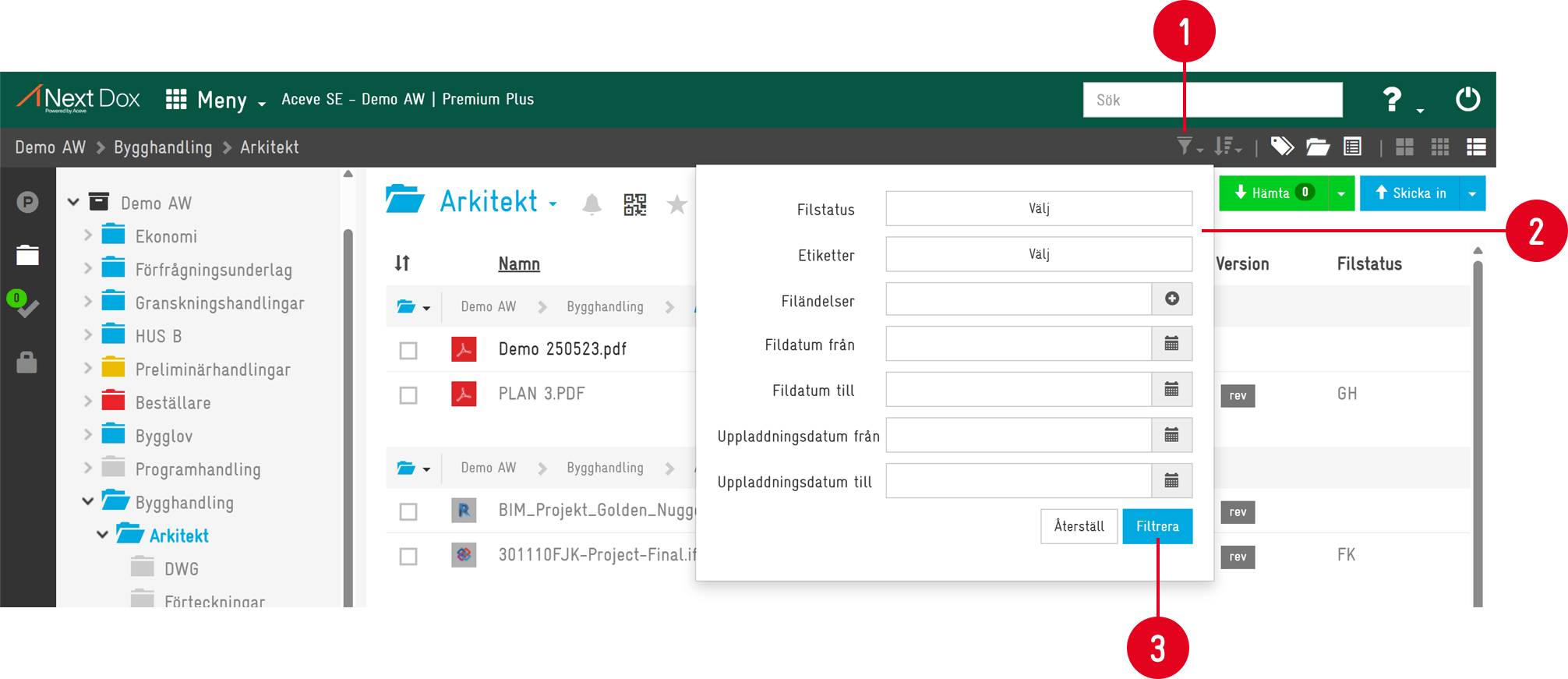 Aceve dokumenthantering — filterpanel för filer i mappvy