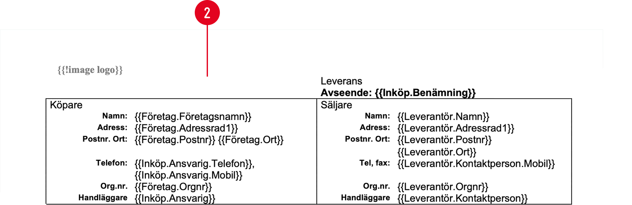 Document template with merge fields for delivery order