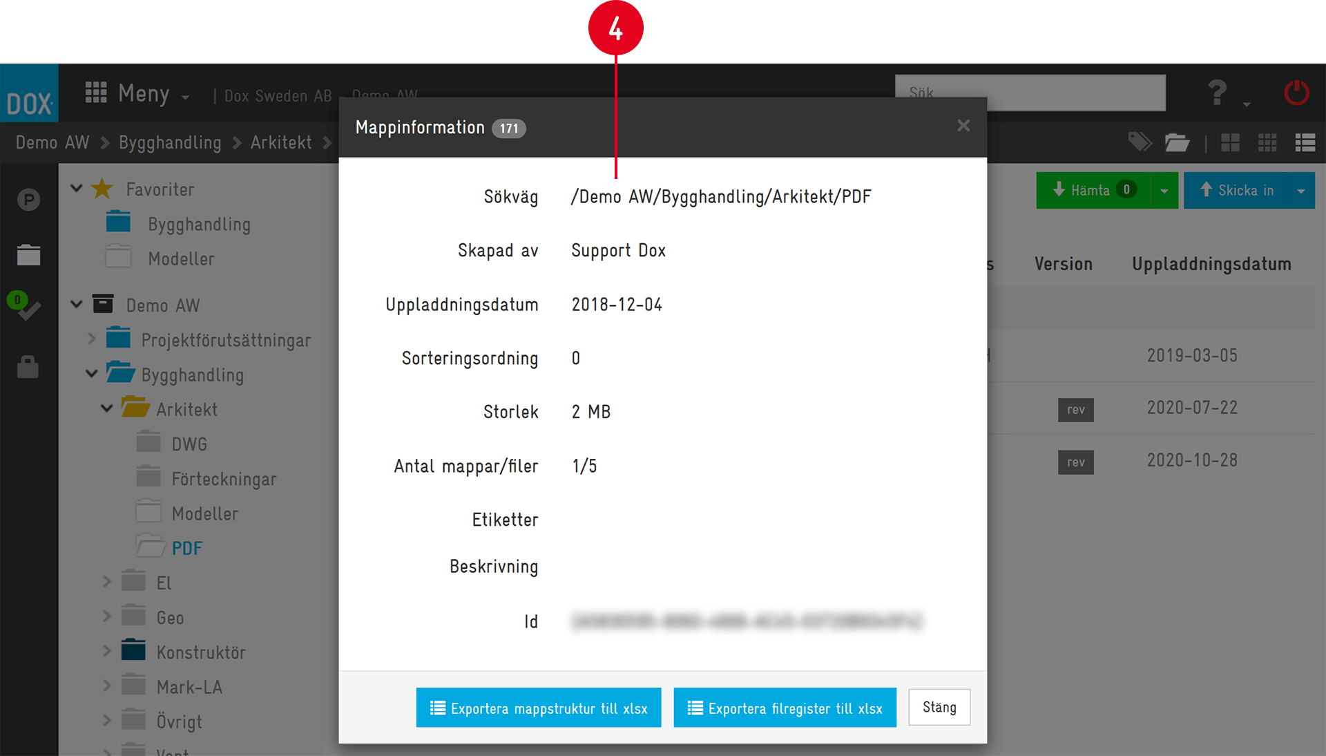 Mappinformation dialog med metadata och exportalternativ