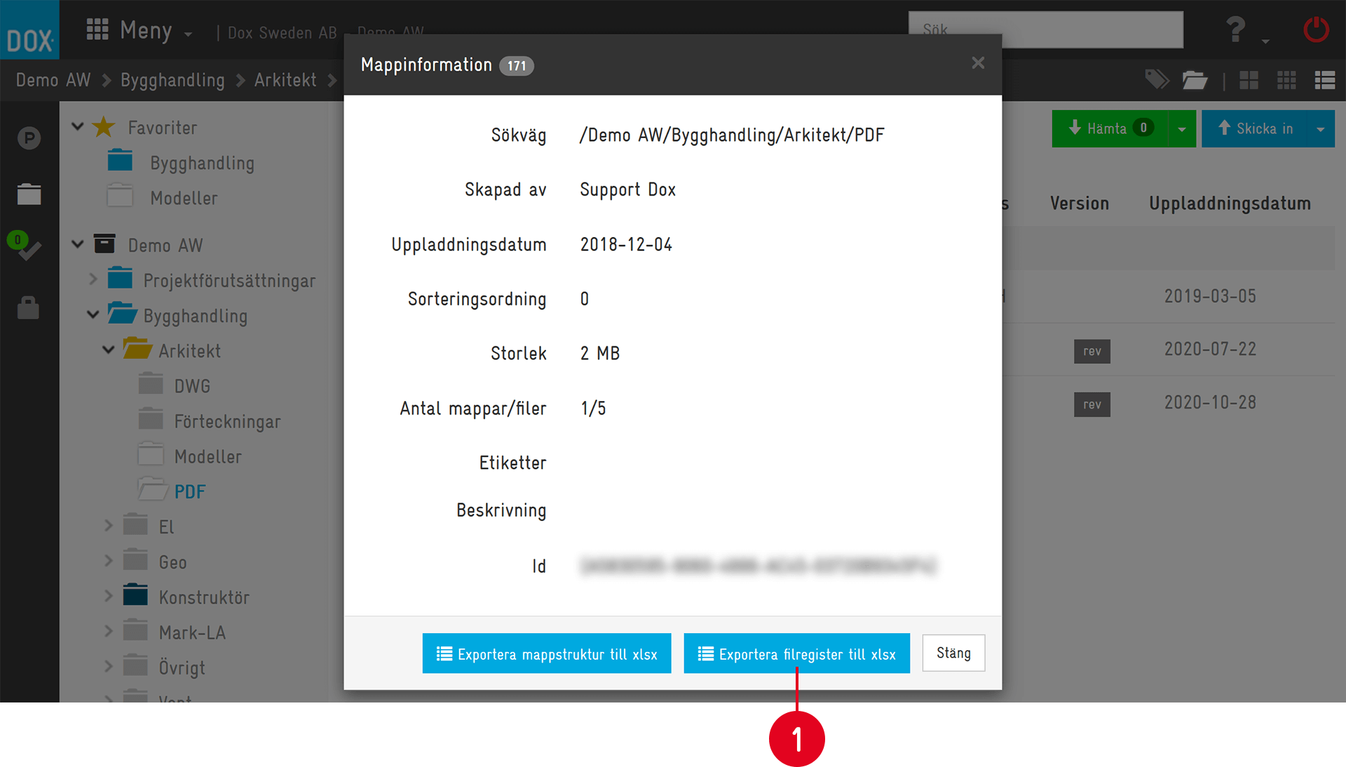 Folder Information dialog with export options