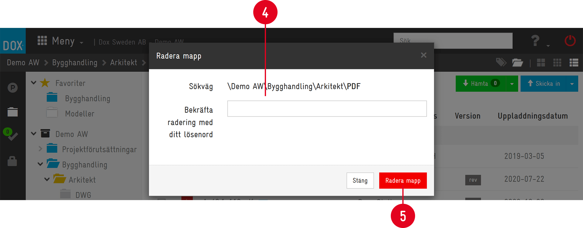 Delete folder confirmation dialog in DOX