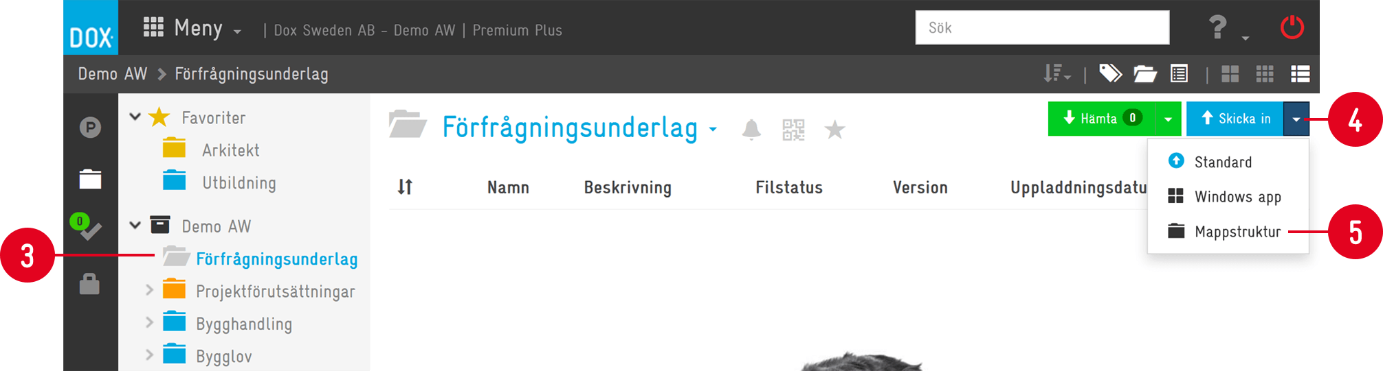 Dox — Förfrågningsunderlag folder with Skicka in dropdown
