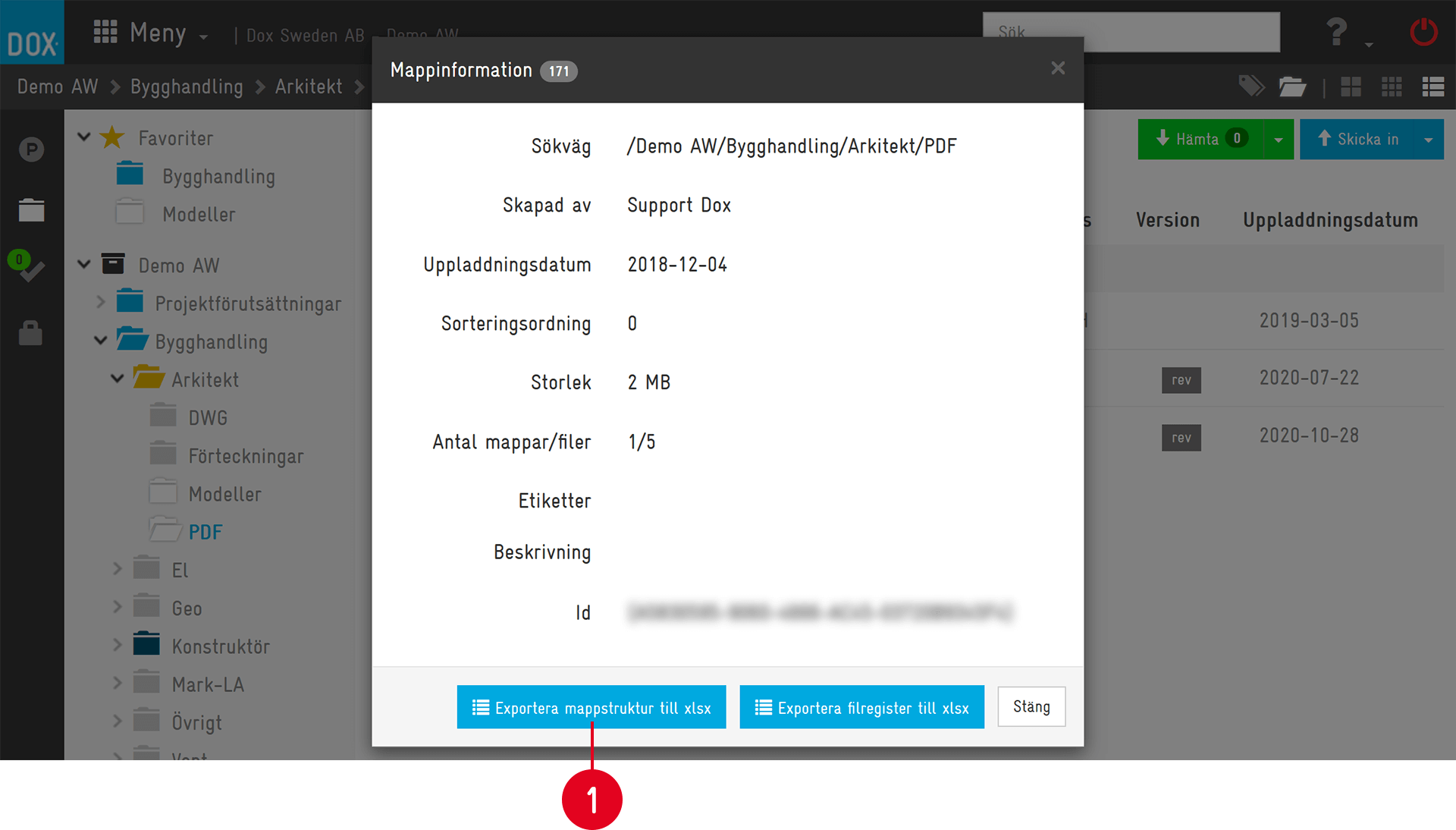 Mappinformation dialog med exportalternativ i Dox