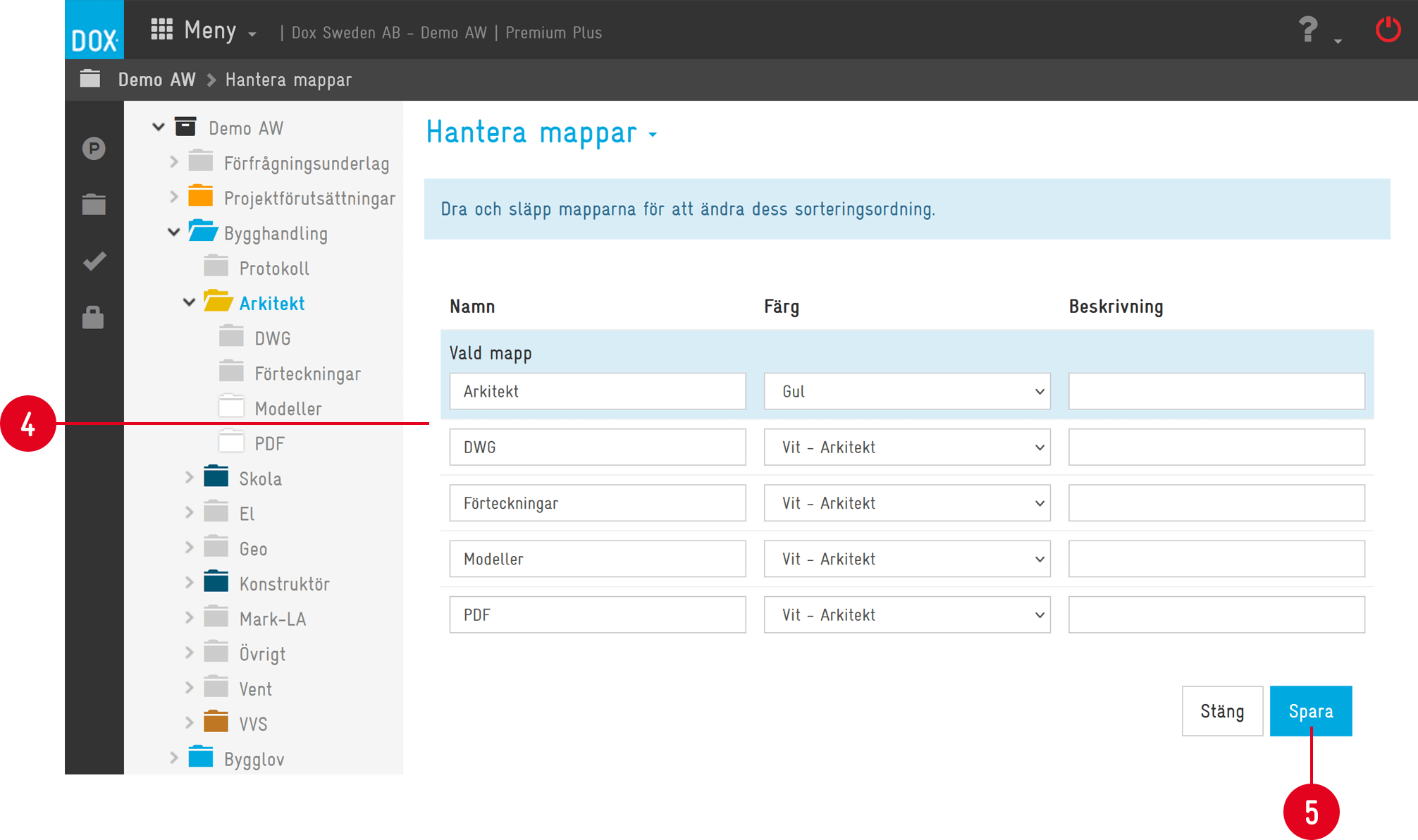 Hantera mappar — redigera mappfärg och sorteringsordning