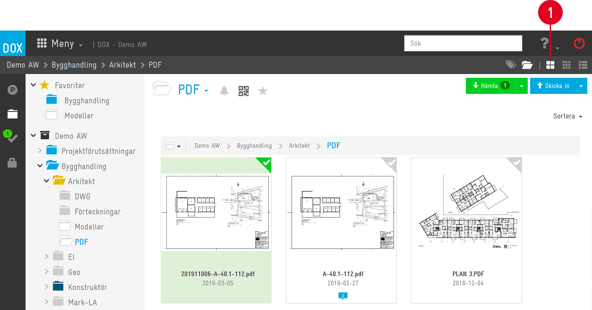 DOX document management — PDF folder thumbnail view