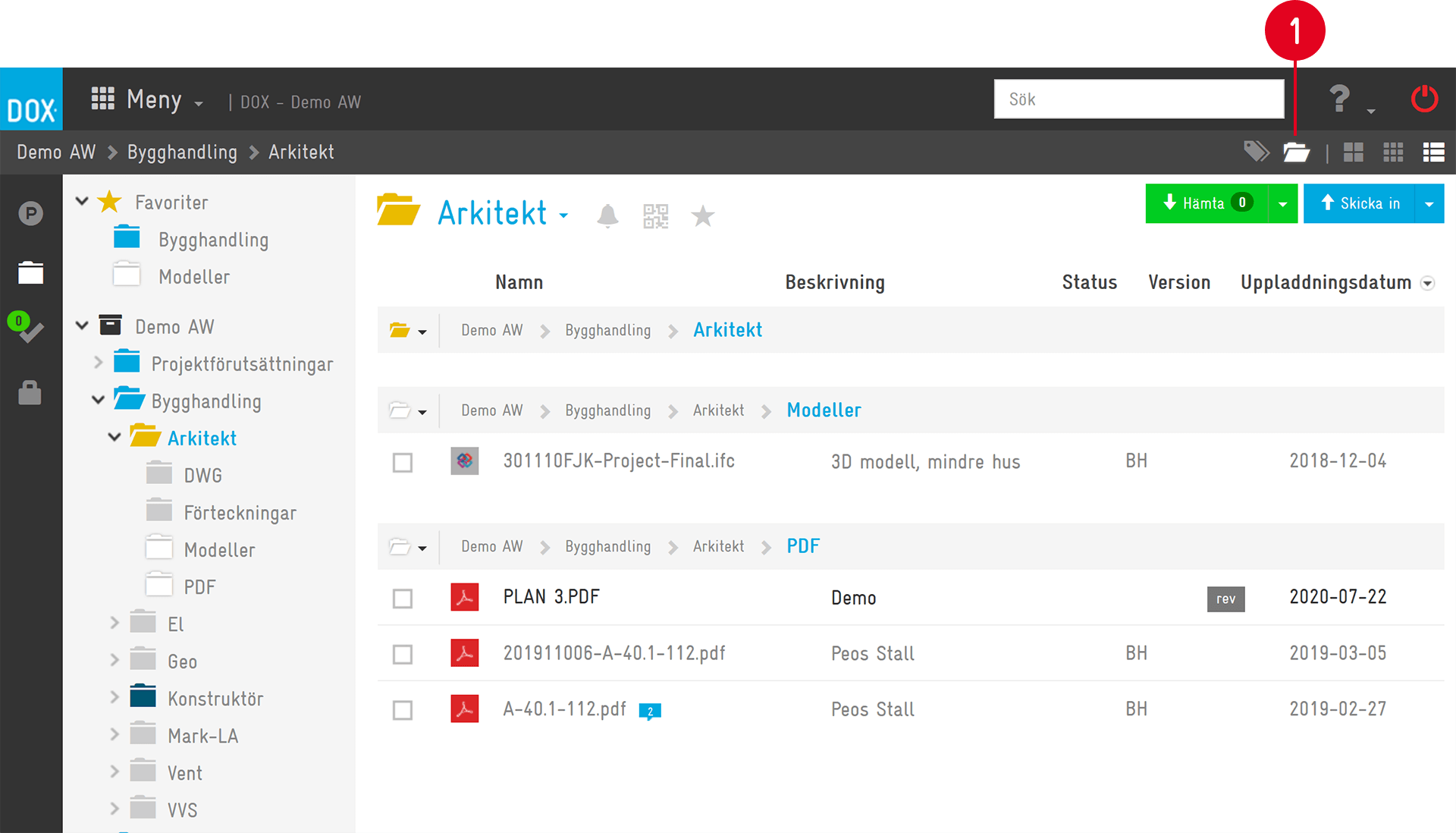 DOX document management — Arkitekt folder view