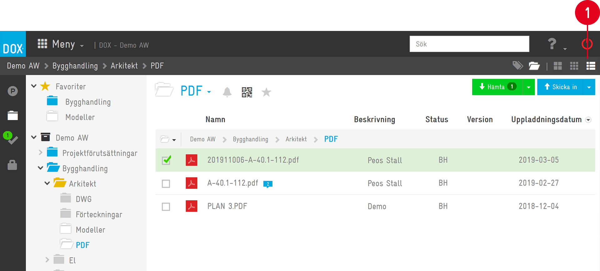 DOX dokumenthantering — PDF-mapp med filer listade