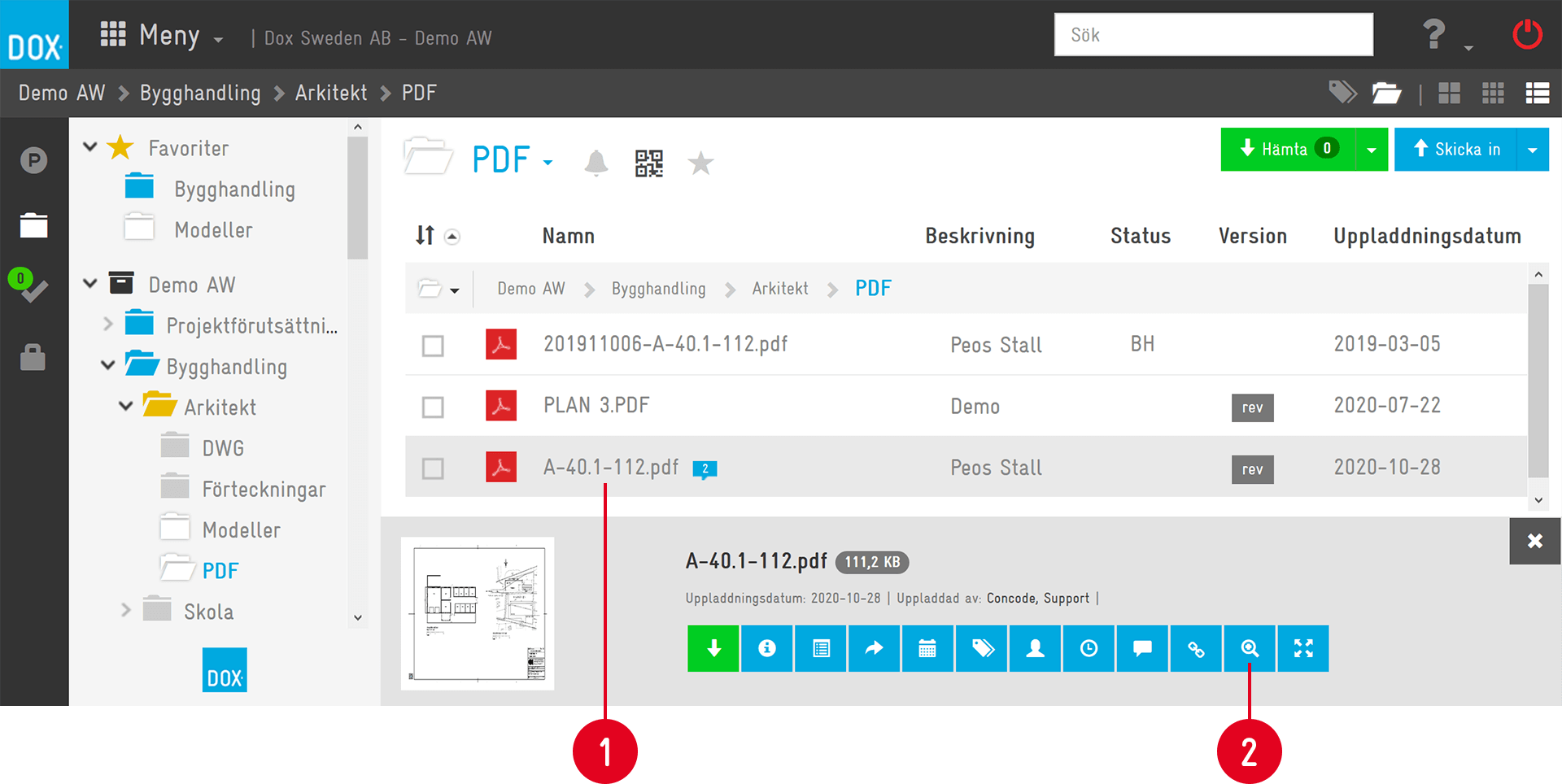DOX dokumenthantering — PDF-mapp med fillistvy och förhandsgranskningspanel
