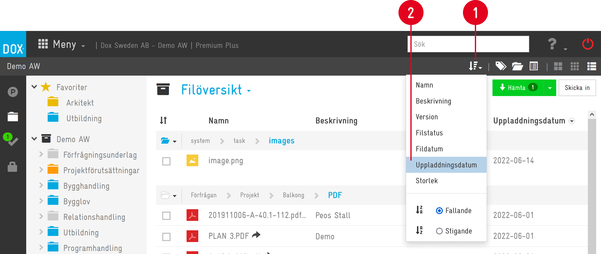 File overview with sort options dropdown open