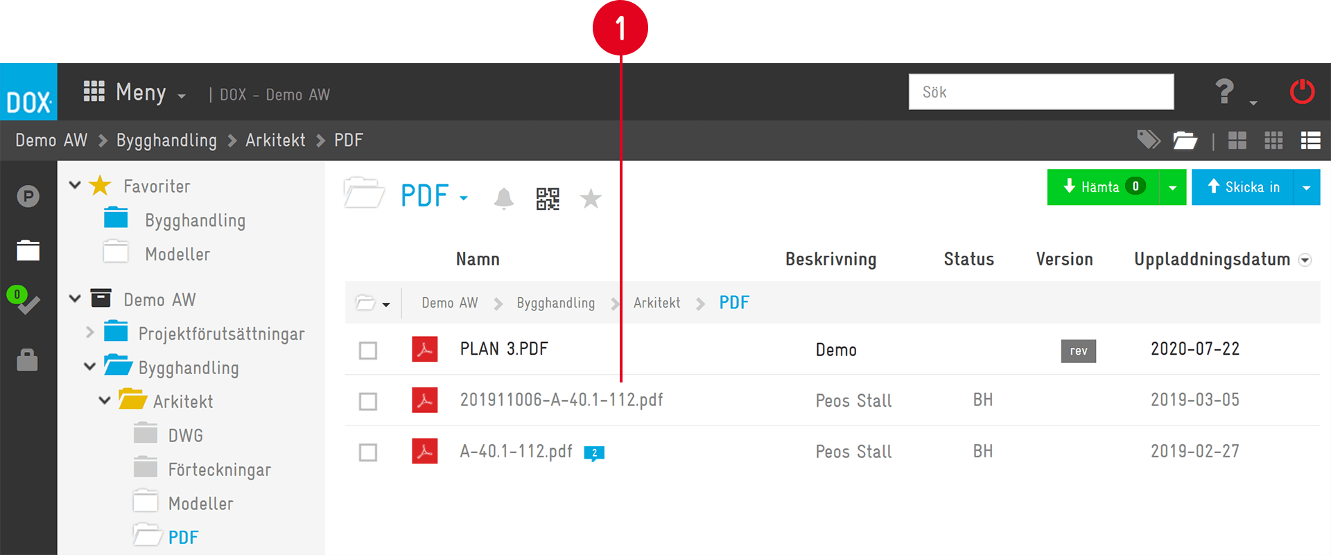 DOX dokumenthantering — PDF-mapp med filer listade
