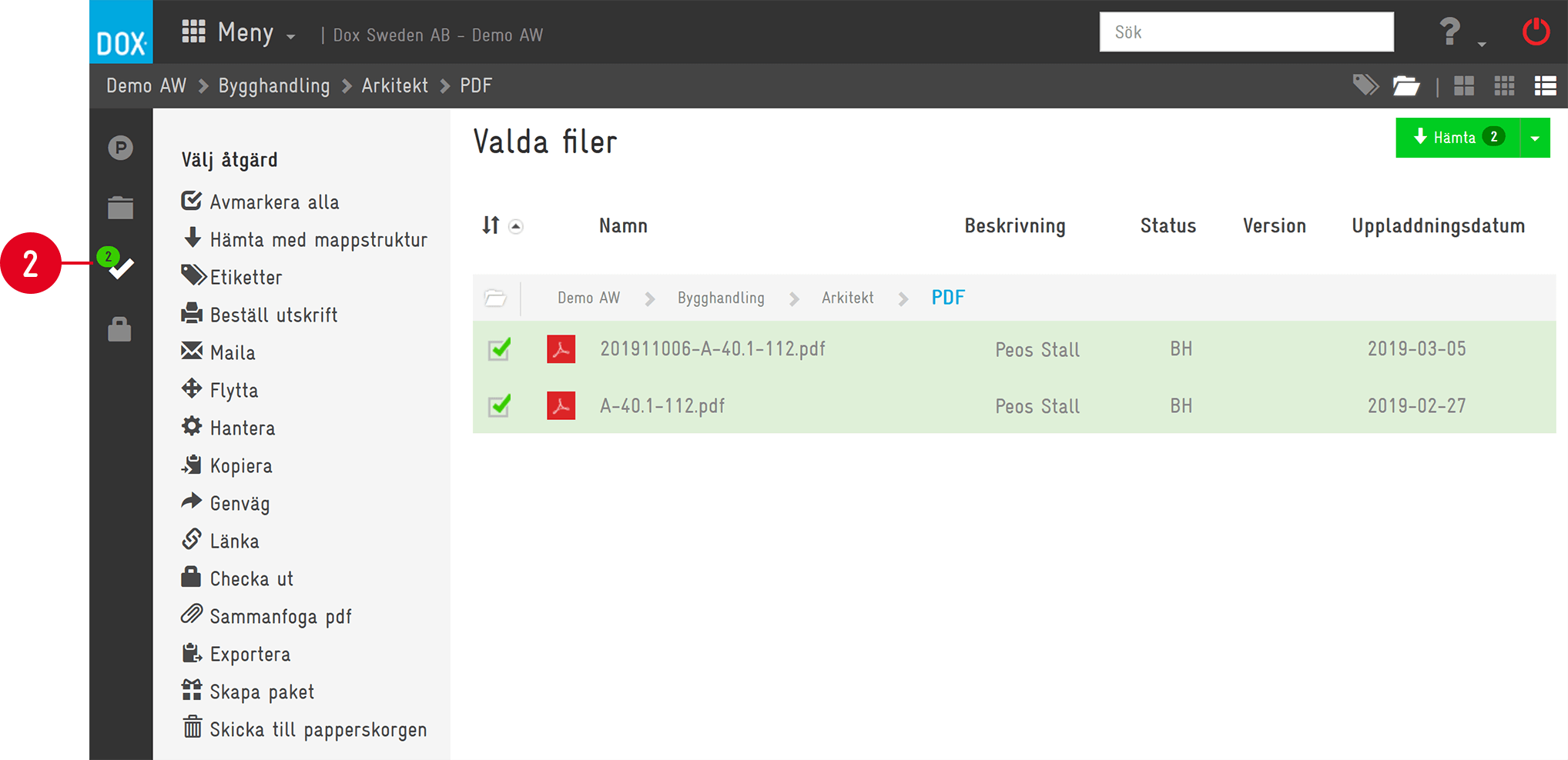 DOX — Selected Files panel with action menu