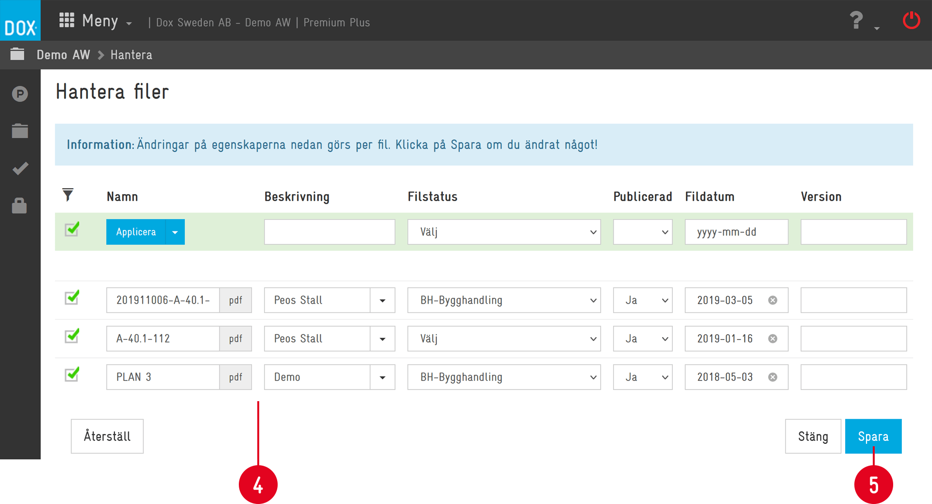 Aceve — Manage Files (Hantera filer) page