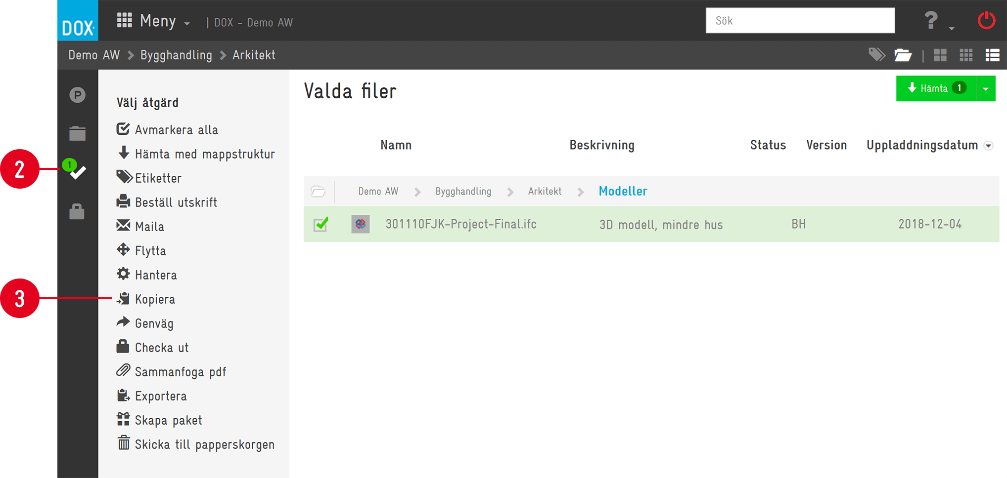 DOX — Selected files action menu with Kopiera highlighted