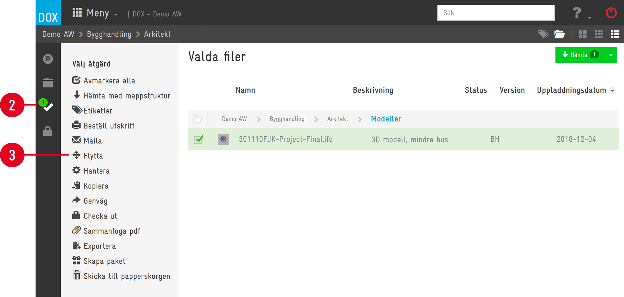 DOX — Selected Files with action menu open