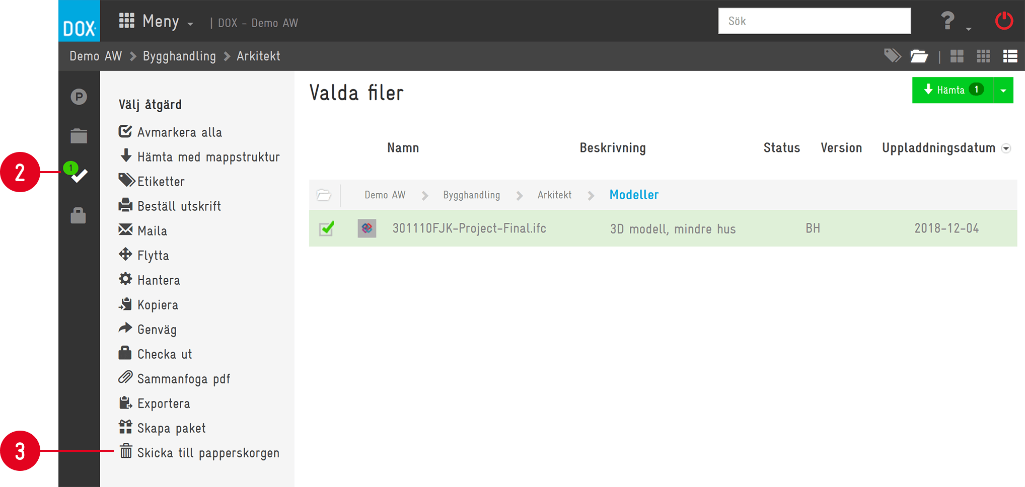 DOX — Selected Files with Action Menu open