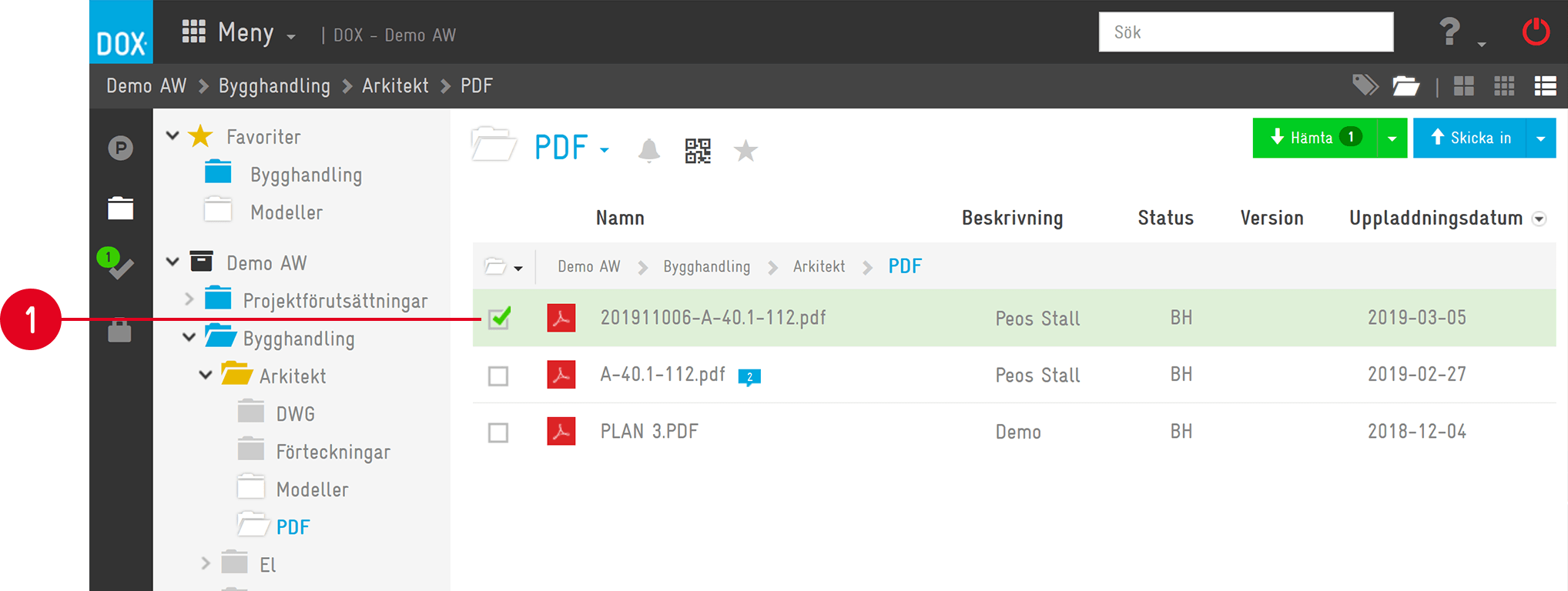DOX dokumenthantering — PDF-mapp med uppladdade filer