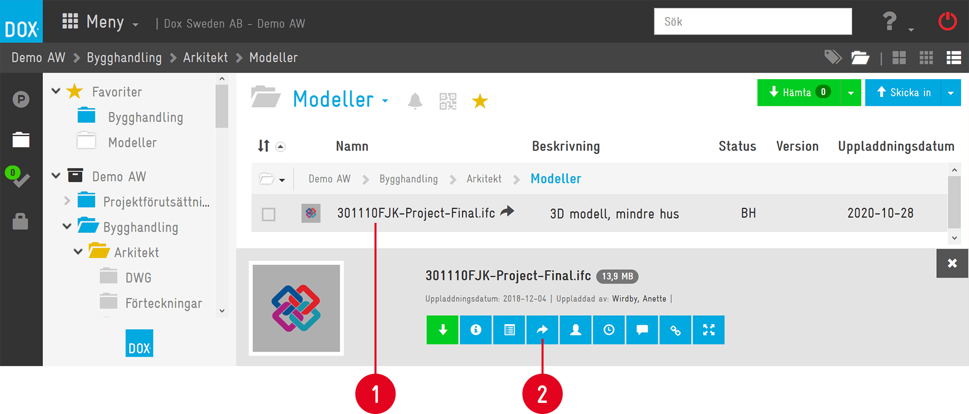 DOX — Modeller folder with file detail panel open