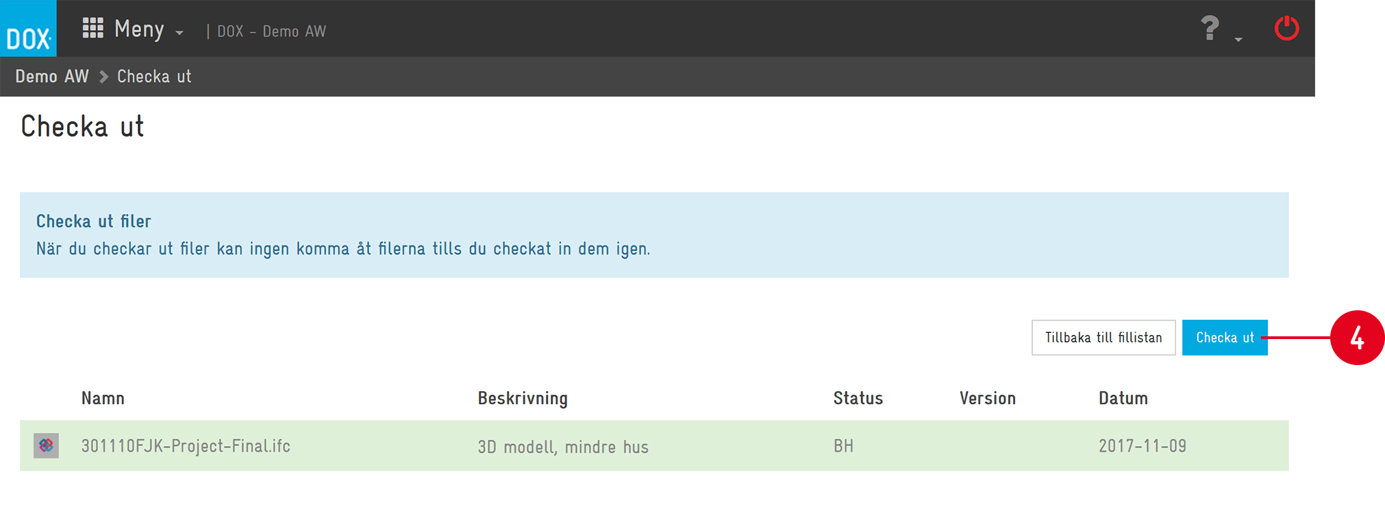 DOX — Checka ut fil, bekräftelsesida med varningsmeddelande