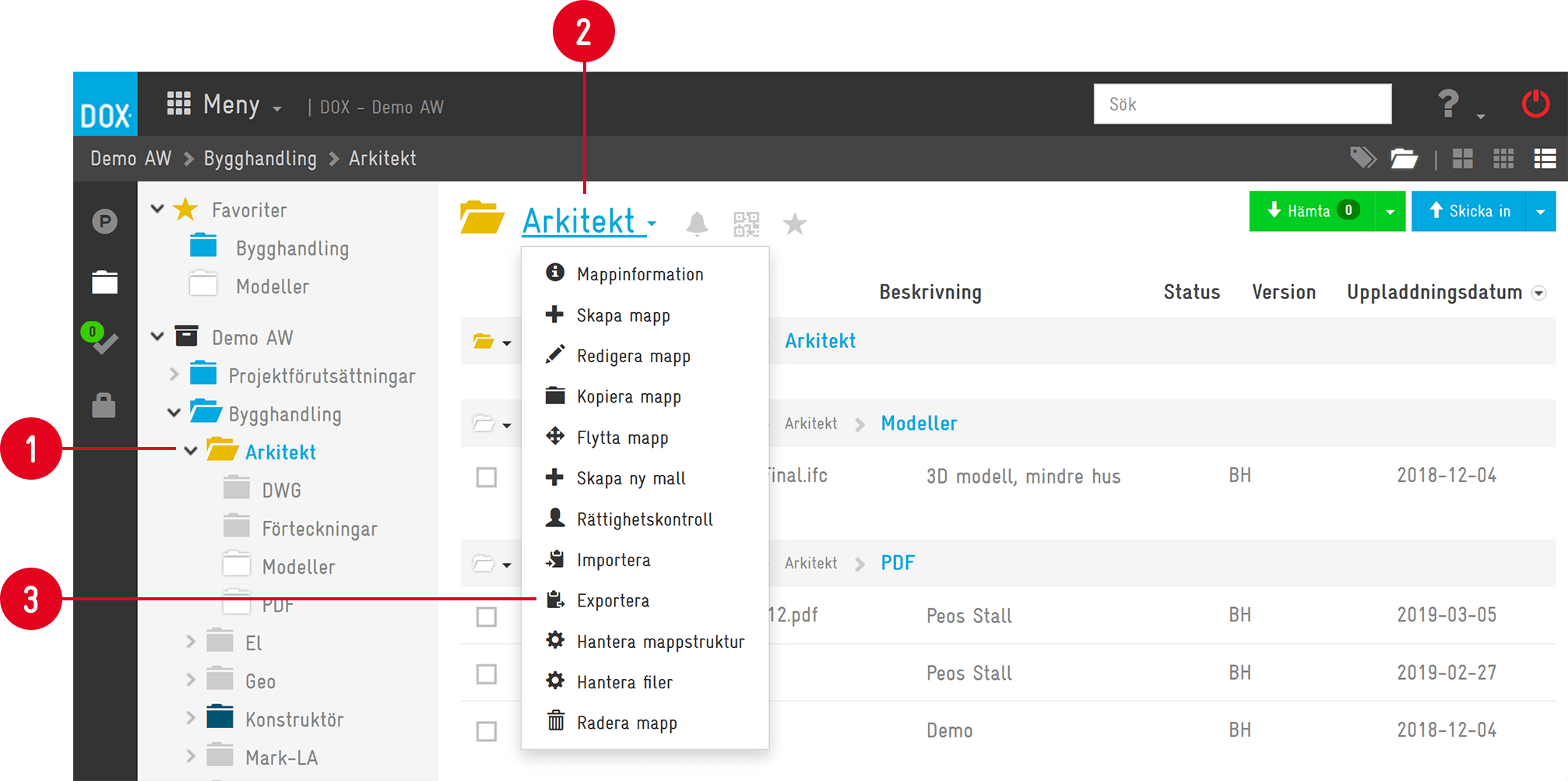 DOX folder context menu open on Arkitekt folder