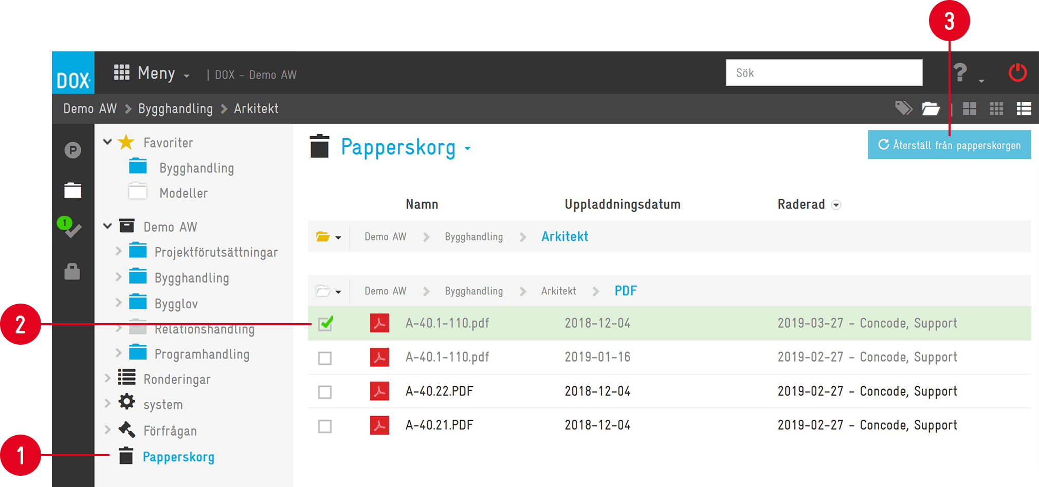 DOX dokumenthantering — Papperskorgen med raderade PDF-filer