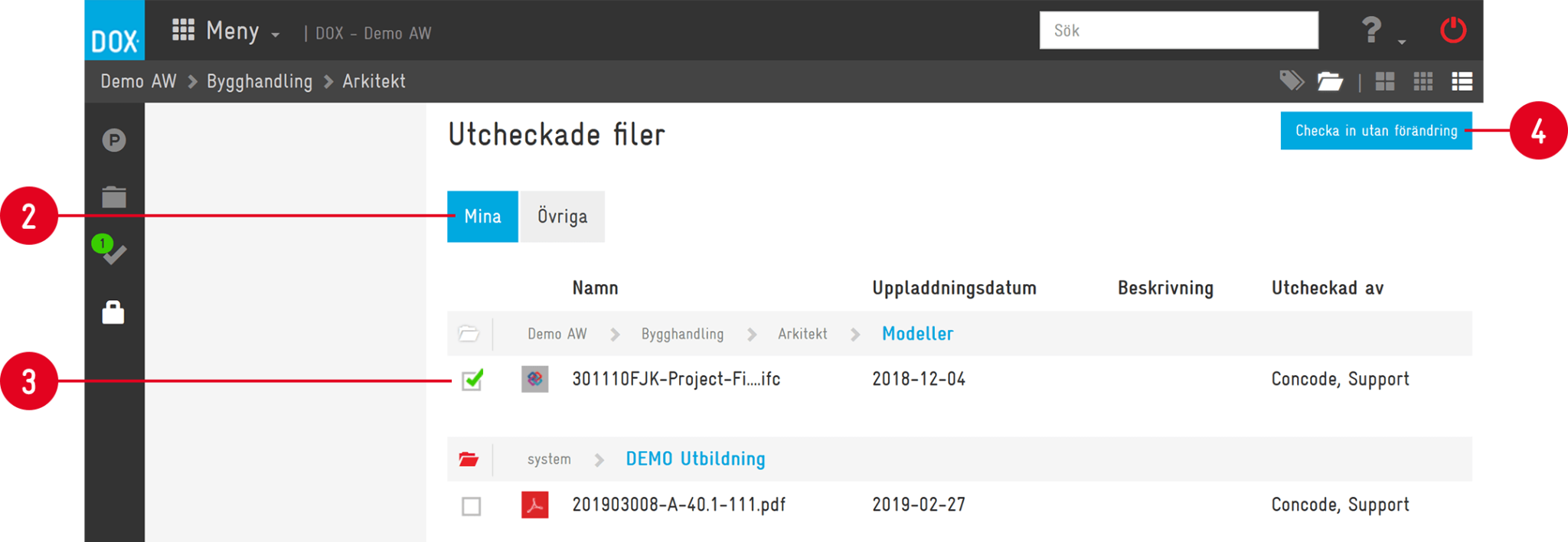 DOX — Utcheckade filer med flikar Mina och Övriga