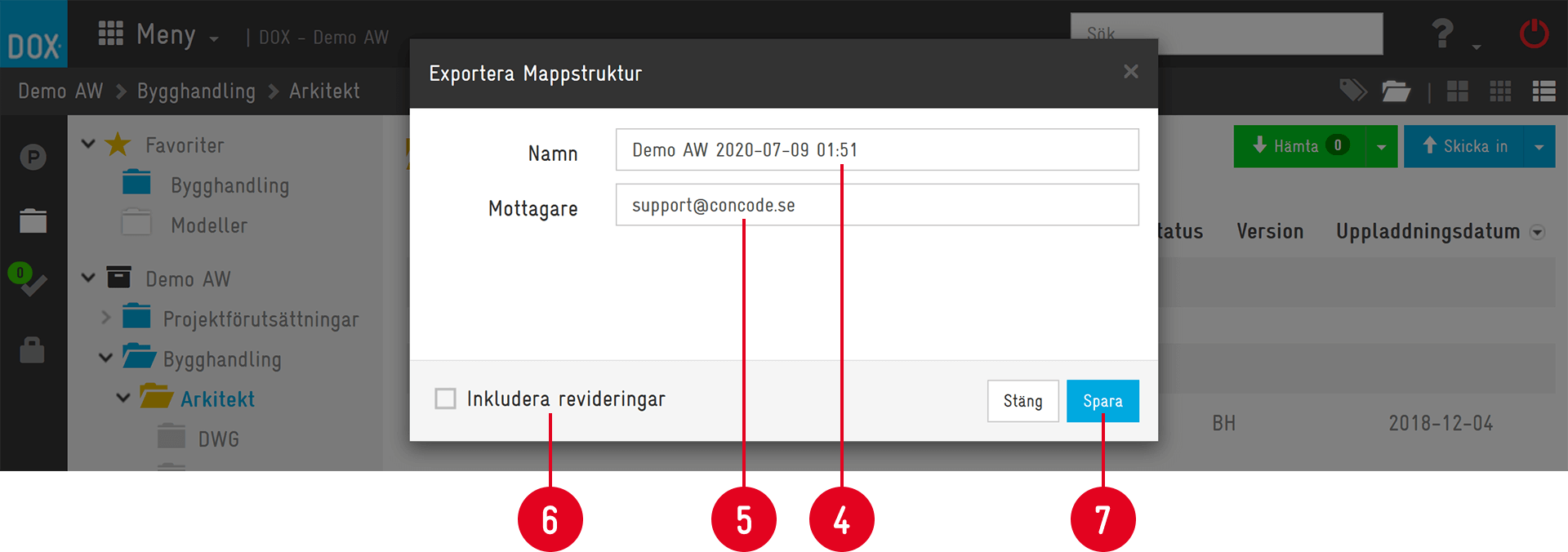 Dialog för Exportera Mappstruktur med numrerade pilar