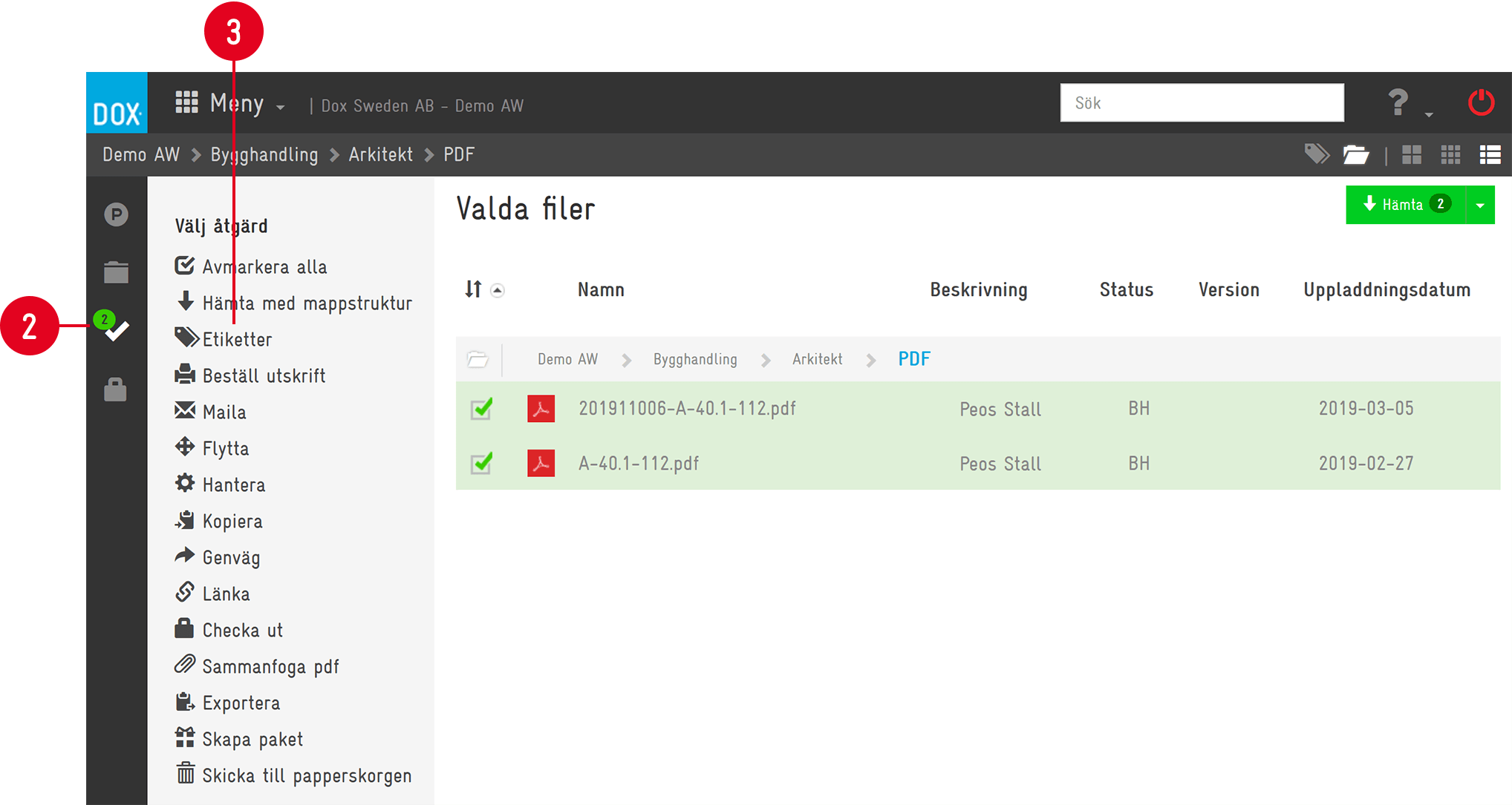 DOX — Selected files action menu open